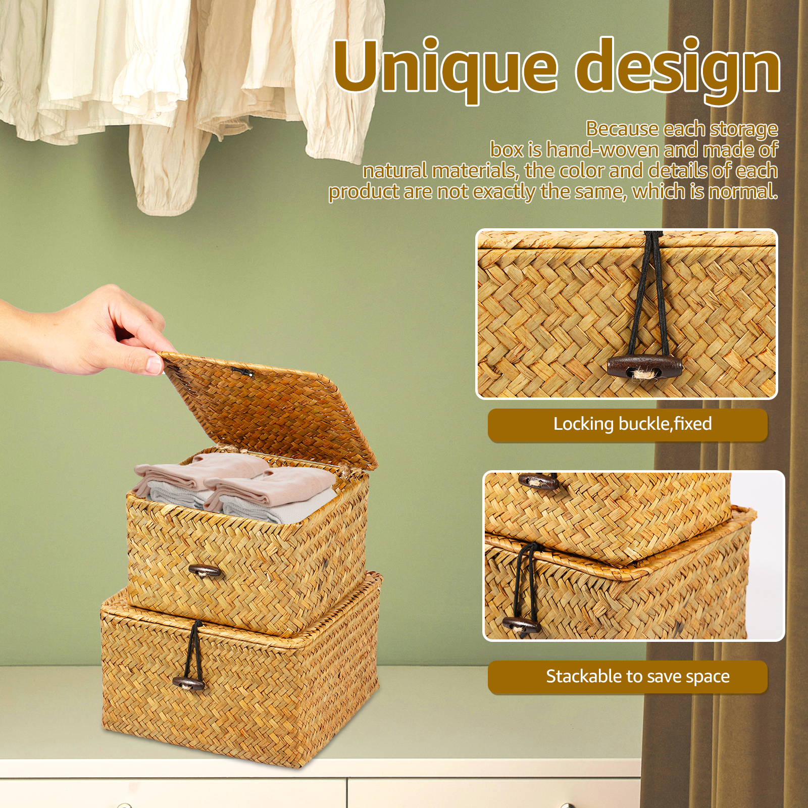 3 stk. vevd oppbevaringskurv med lokk, 3 størrelser stabelbare, håndlagde kurvbeholdere, multifunksjonell oppbevaringsboks for leker, kosmetikkskap