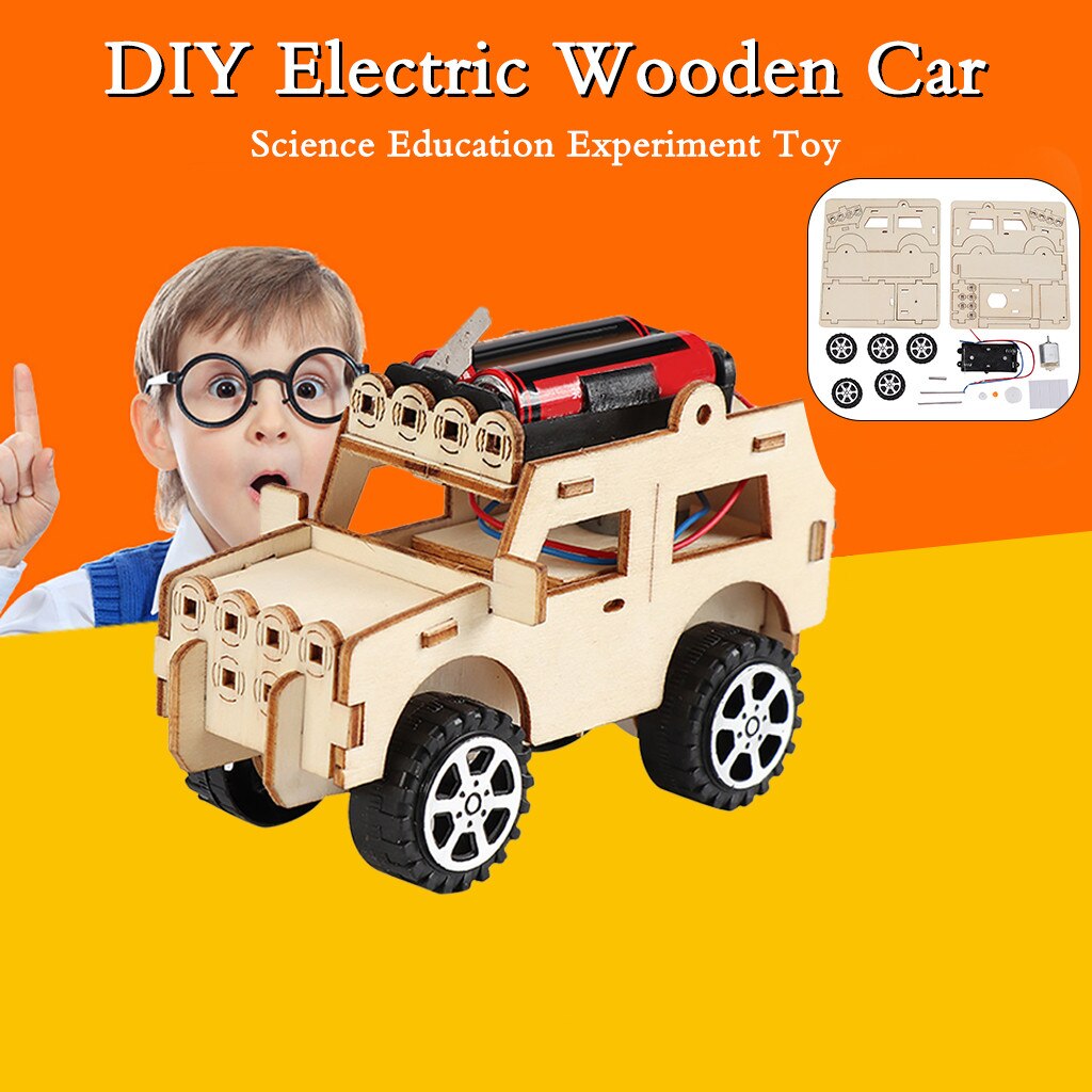 Compuda Kids Diy Houten Elektrische Auto Kit Experiment Onderwijs Kid Puzzel Model Speelgoed Speelgoed Voor Kinderen