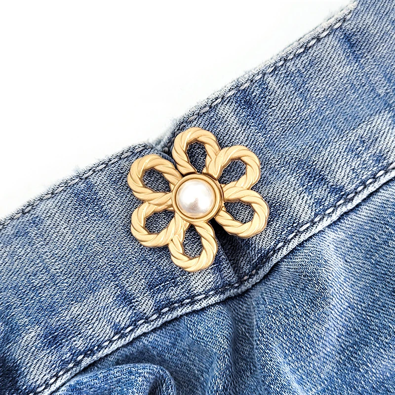 Botón de cintura con lazo para apretar, hebilla de cintura ajustable en forma de estrella y flor, sin costura, broche para pantalones, alfileres de fijación para pantalones vaqueros reutilizables: Verde negro / COLOR ORO ROSADO