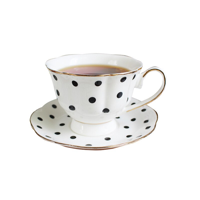 200ml Retro British Tea Coffee Cup and Saucer Set Black Polka Dot Stripes Pattern Ceramic Cups: Polka dot