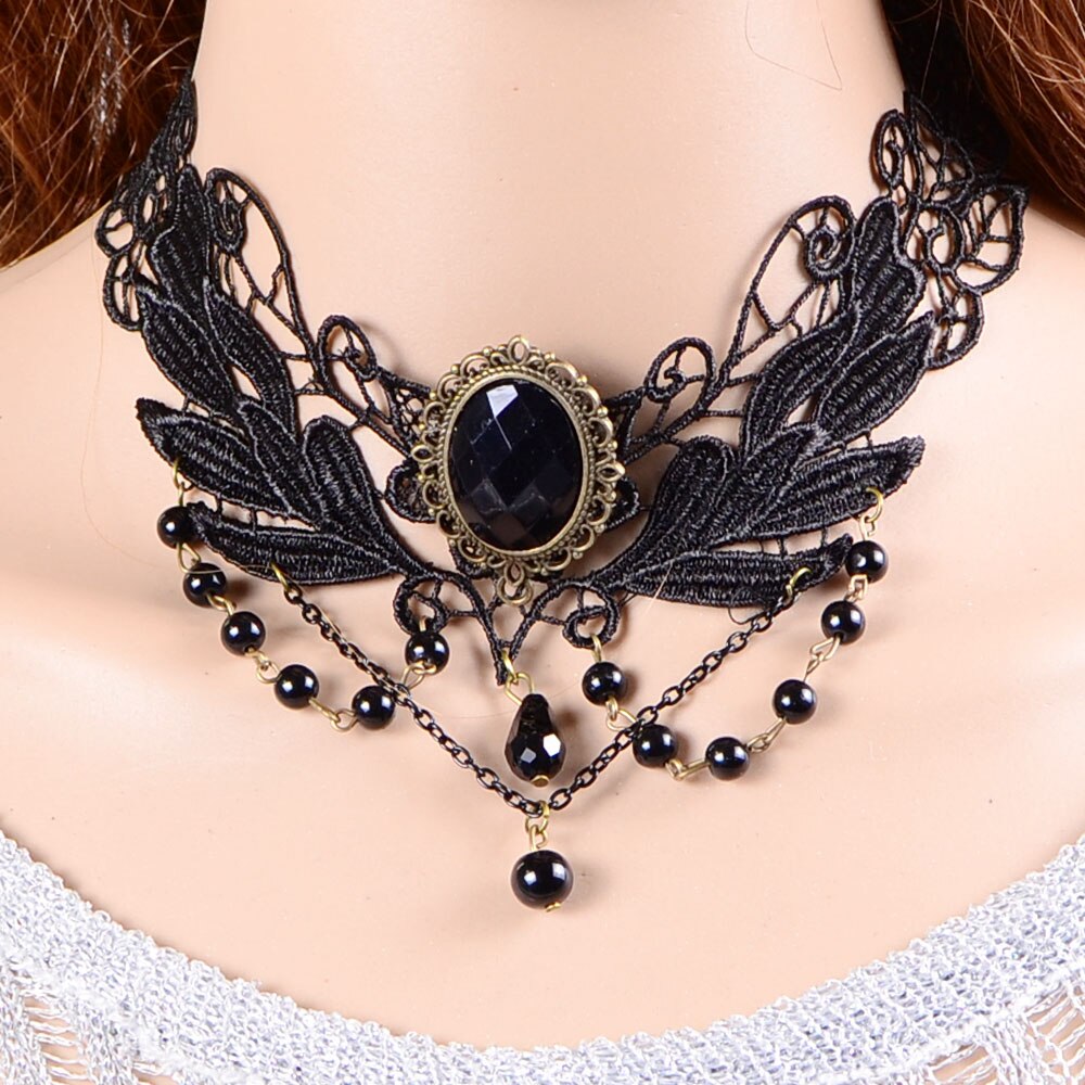 Classic Black Chain Vintage Gold Metal Bead Flower Pendant Gothic Lace Choker Necklace for Women Retro Statement Collar Jewelry