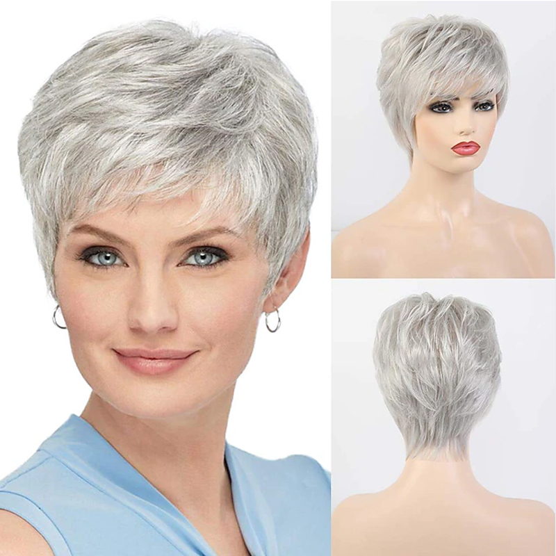 HAIRJOY Kurze graue Perücken für weiße Frauen, gemischte graue, silberne, lockige Perücken mit Pony, Oma, synthetische Kurzhaarperücken