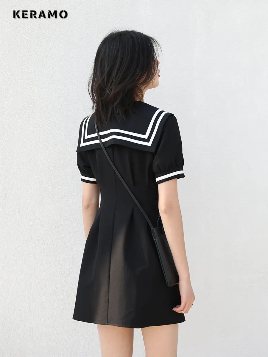 Preppy Style All-match Patchwork Sailor Collar Mini Dresses Summer Women's Puff Sleeve Y2K Harajuku Ulzzang A-Line Dress