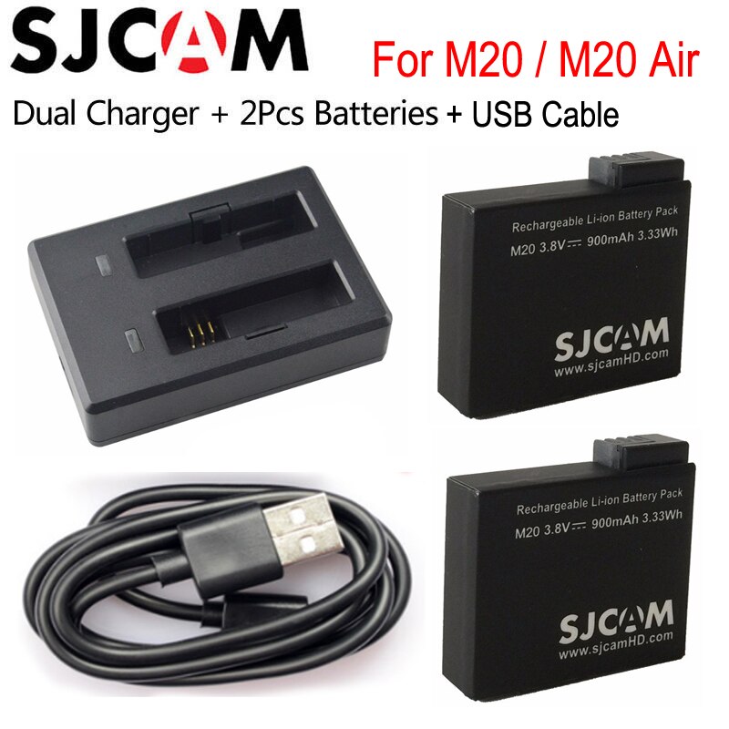 Originele sjcam  m20 batterij  (2 stuks batterijen + dubbele oplader )900 mah oplaadbare li-ion batterij voor sjcam  m20/m20 air action camera: Optie 1