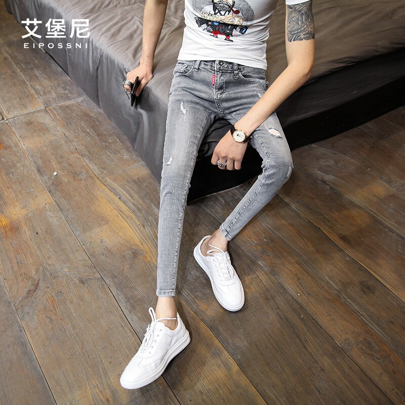 Sommer modisch männer gewaschen gerissen löcher knöchel länge hosen licht farbe füße hosen Koreanische dünne männer Denim Jeans