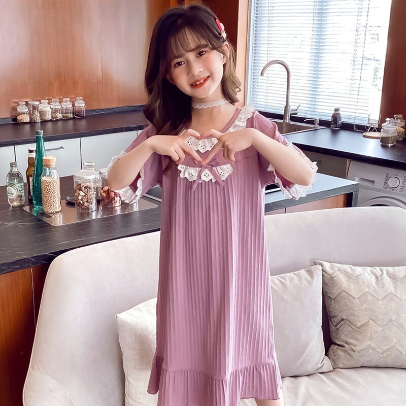 Camisón de algodón suave con lazo para niñas y niños, ropa de dormir para el hogar, albornoz de noche, Verano