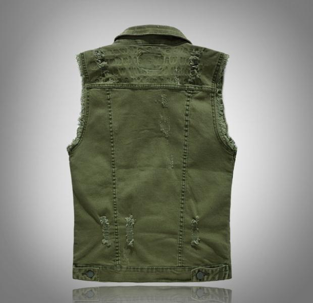 Mannen Punck Rock Stijl Groene Jeans Vest Lente Herfst Mouwloze Motorjas Plus Size Mannelijke Ripped Denim Vesten J3098