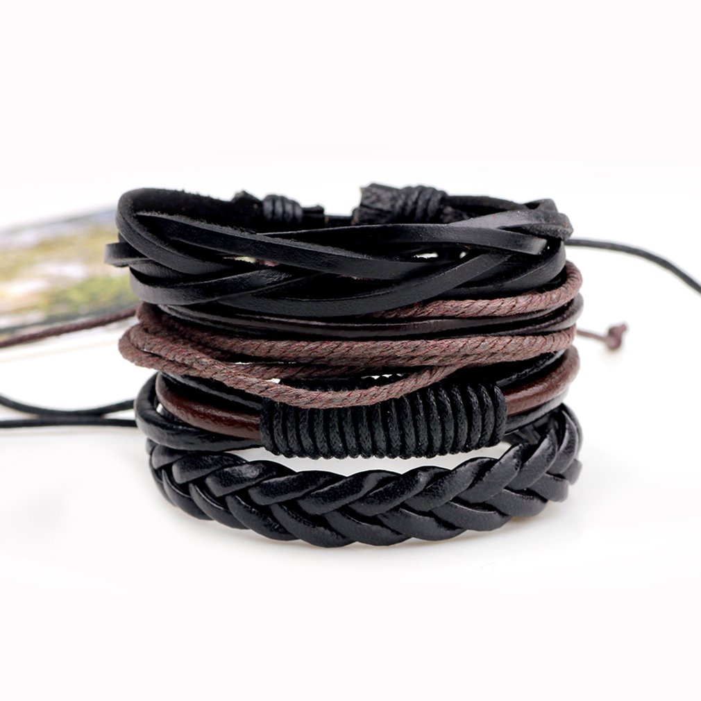 4PCS/PACK Punk Style Vintage Handmade PU Leather Braided DIY Men Black Brown Casual Bracelets Jewelry Accessories