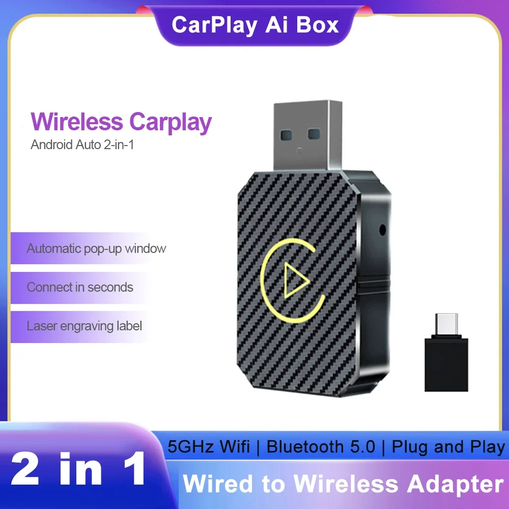 2-in-1 kabelloser CarPlay-Adapter und Android Auto Wireless-Adapter, Typ-C/USB Plug & Play Carplay Wireless-Adapter Auto Connect
