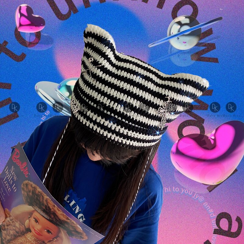 Harajuku Punk Gothic Knitted Cat Ear Hat Women Kawaii Cross PinWinter Beanie Hat Female Girls Accessories