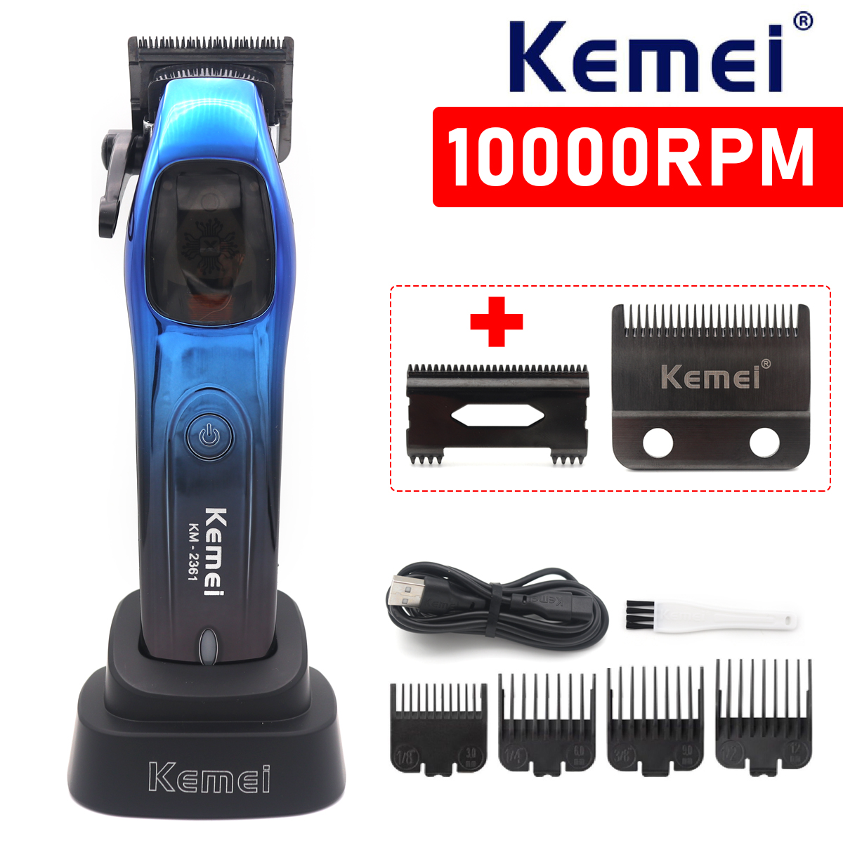 Kemei 2361 10000 tr/min tondeuse à cheveux professionnelle pour hommes moteur magnétique lame DLC avec chargeur de Base tondeuse à cheveux Machine de coupe de cheveux