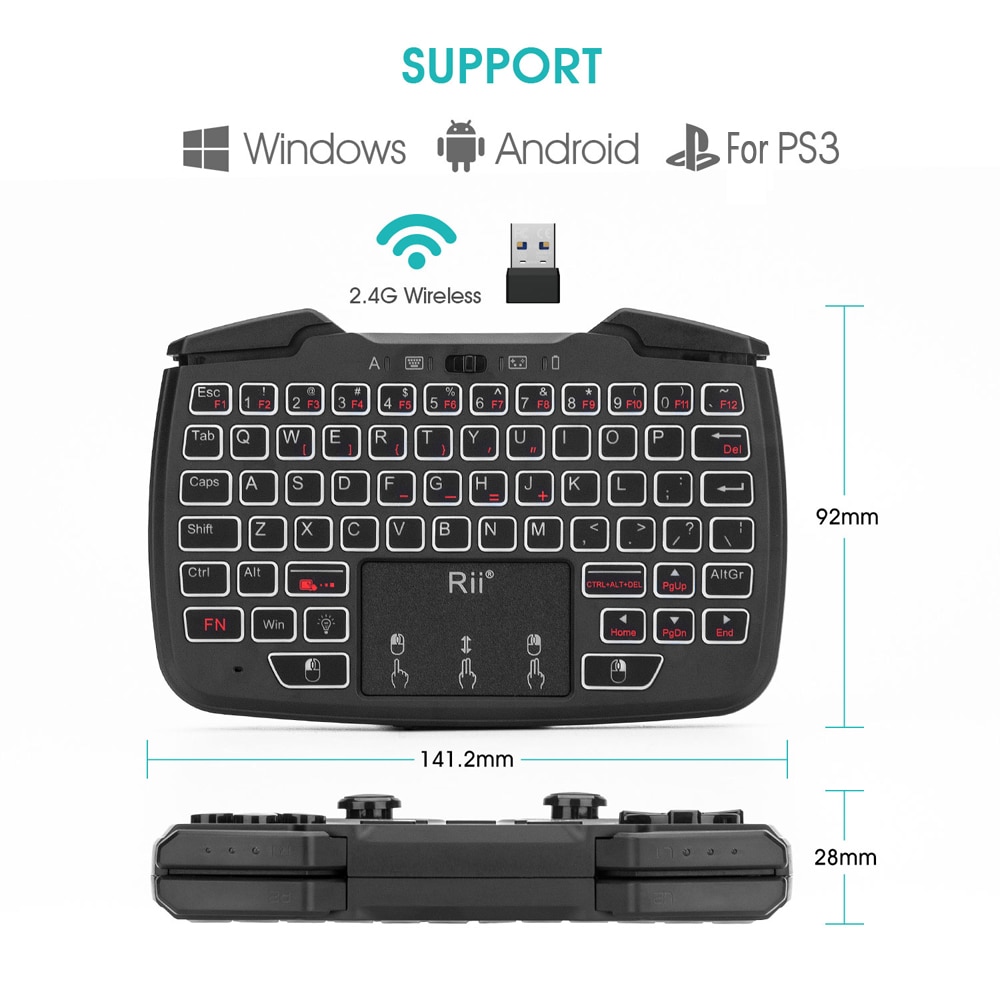 Rii RK707 Game Controller 2.4GHz Wireless Keyboard Mouse Combo w/ Touchpad White Backlit Turbo Vibration Function for PS3 TV Box