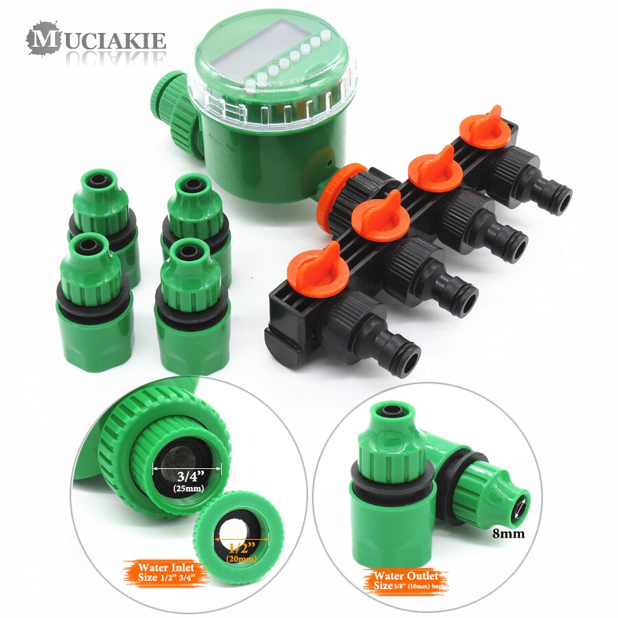 Garden Timer With 1/2/4-Way Hose Splitter Automatic Watering Irrigation Controller Adapter Connect 4/7mm 8/11mm 16mm Hose: HxAB686C