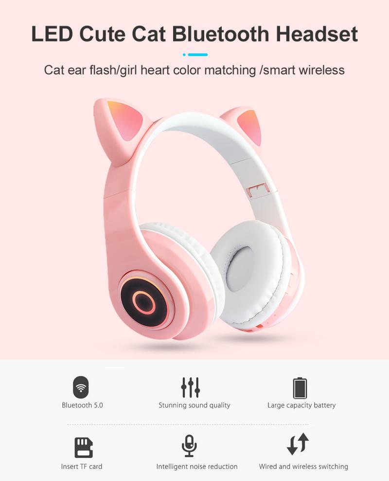 Auriculares inalámbricos con Bluetooth y micrófono para chica, cascos con orejas de gato, luz Flash, Decoración LED, estéreo, música, teléfono,
