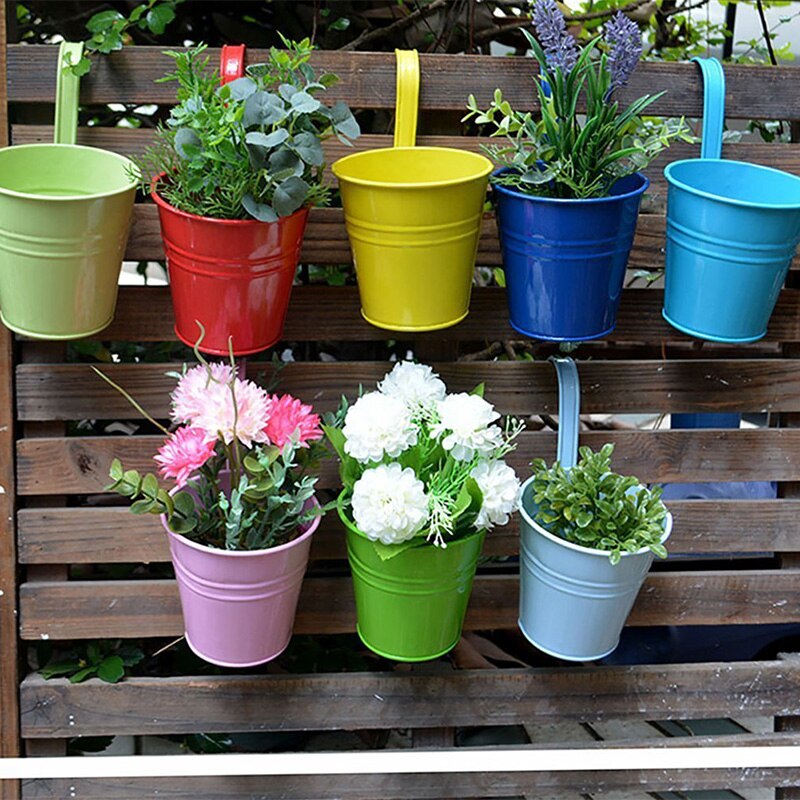 Blomsterpotter hengende blomsterpotter, hagepotter balkongplantere metallbøtte blomsterholdere - avtakbar krok  (10 stk)