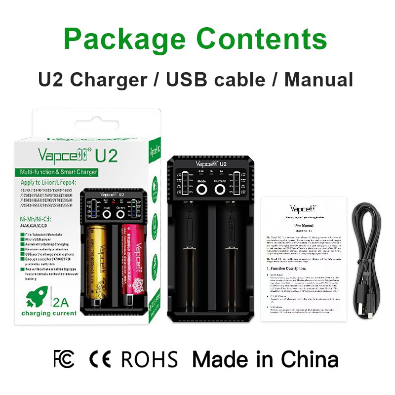 Vapcell U2 2A Smart mini charger USB for Li-ion / Lifepo4 / Ni-MH/Ni-Cd AAA AAAA C D battery charge