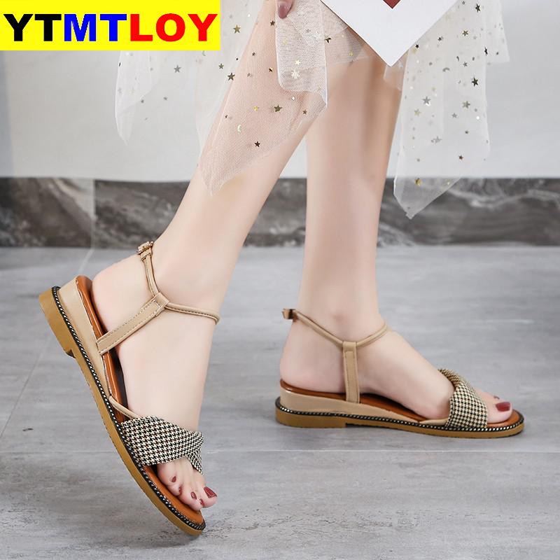Dam sandaler snörning platt spänne sandaler tofflor dam högklackat tofflor runda huvuden sandaler festskor storlek 35-40