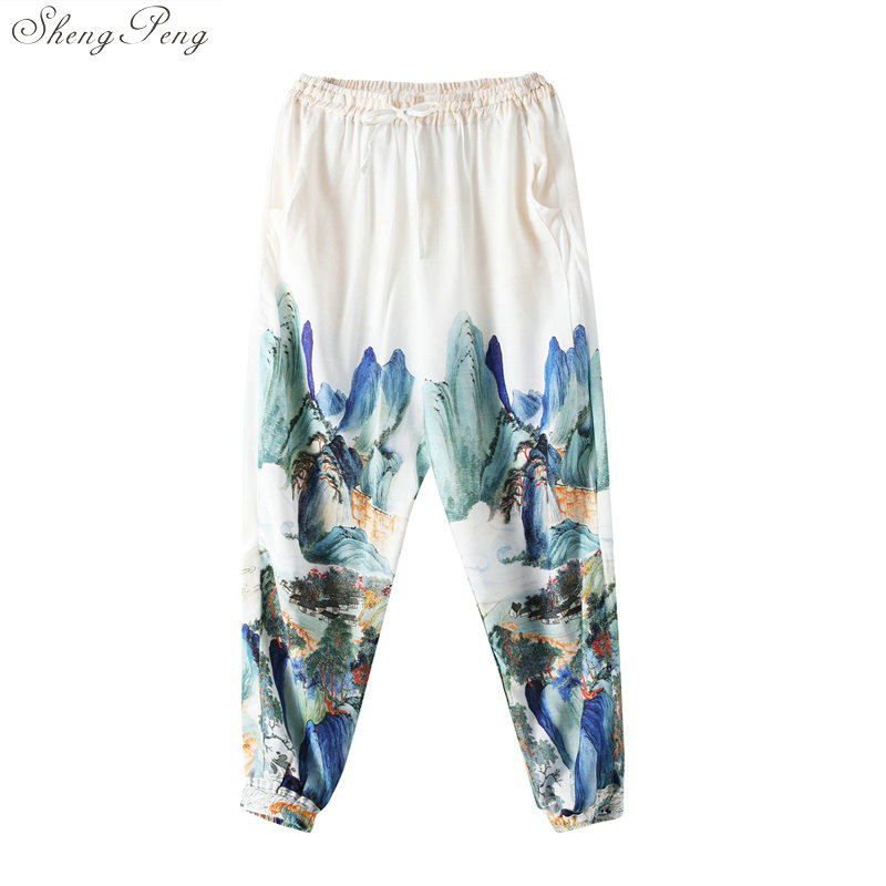 Pantalones chinos tradicionales de kung fu para mujer, ropa de lino para mujer, cintura elástica, cómoda, pierna ancha sólida V932