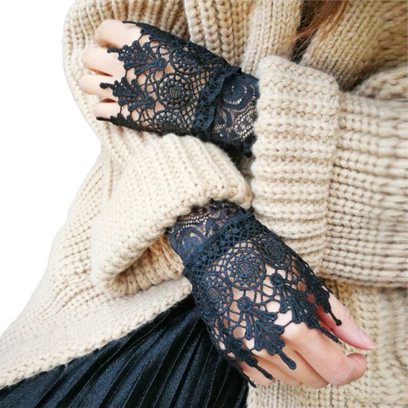 Muñequeras de encaje de ganchillo con agujeros para mujer, 1 par, mangas falsas elásticas, Color sólido, brazalete decorativo Vintage: 1