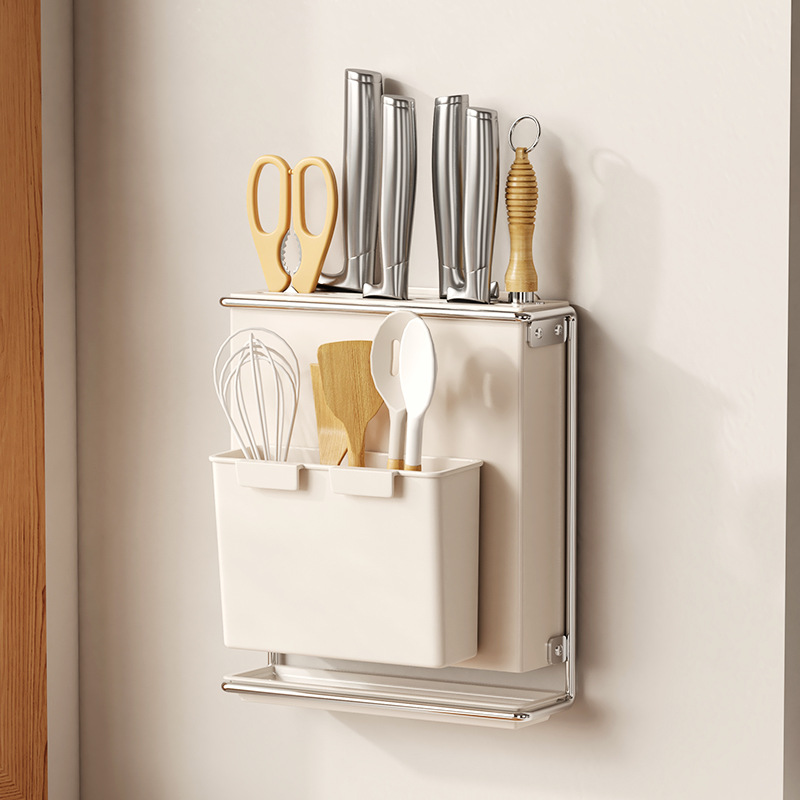 Soporte para cubiertos para encimera de cocina, montado en la pared, sin taladro, cuchillo, organizador de palillos, estante de almacenamiento de drenaje para utensilios de cocina