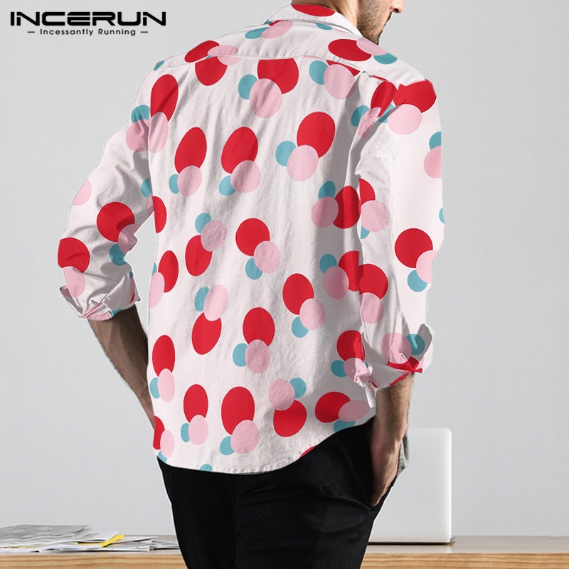 INCERUN Men Harajuku Polka Dot Printed Long Sleeve Shirts Lapel Collar Button Down Blouse Camisa Masculina