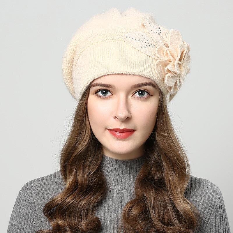 Brand Female Beret Wool Knitting Cap Hat Autumn Winter Floral Women Berets: Beige