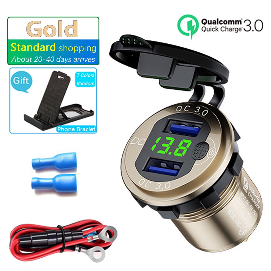 12V/24V 36W QC3.0 Metalen Auto Aansteker Plug Led Display Schakelaar Waterdichte Usb Charger Socket voor Telefoon Tablet: Gold-Line-Standard