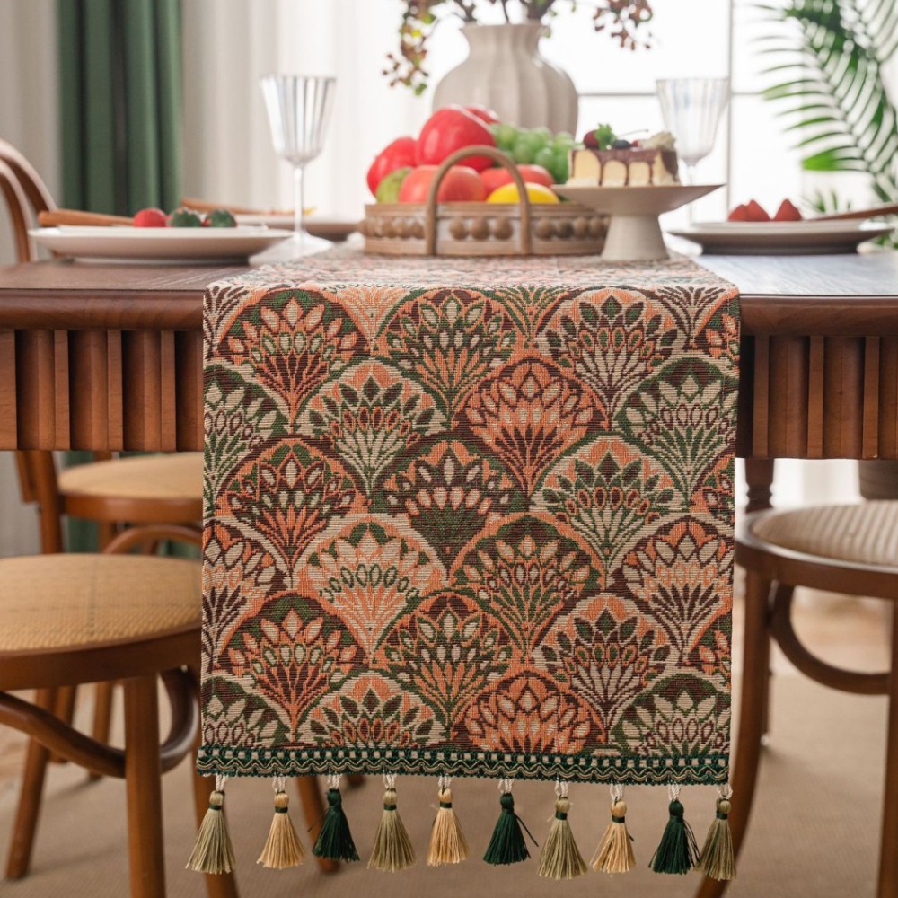 Heminredning vintage jacquard bordslöpare blommönster med tofsduk förtjockad bordsduk middagsfest: Gul