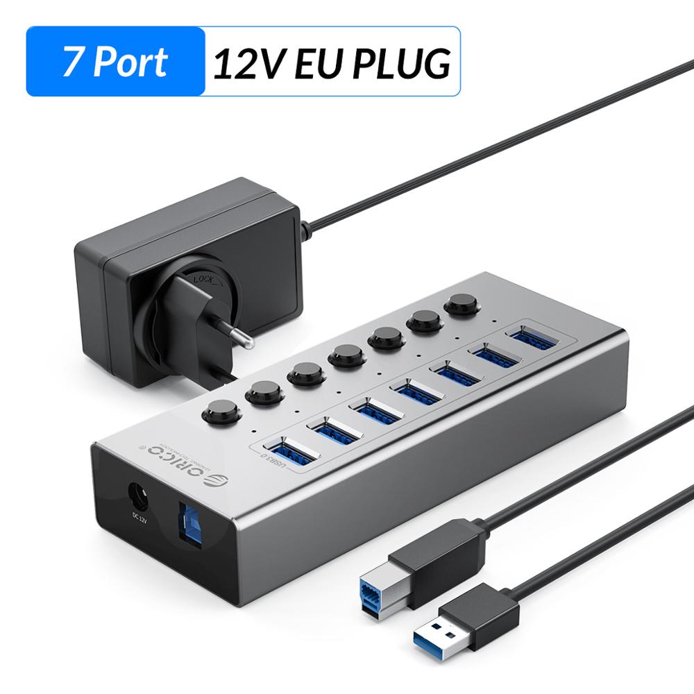ORICO Industrial USB 3.0 HUB 7/10 Port Aluminum USB Splitter On/Off Switch With 12V Power Adapter Support Charging for Computer: 7 Port  EU Plug