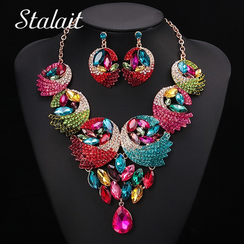 Luxe kleurrijke kristallen veer sieraden sets ketting oorbellen bruids bruiloft strass sieraden accessoires sets voor vrouwen