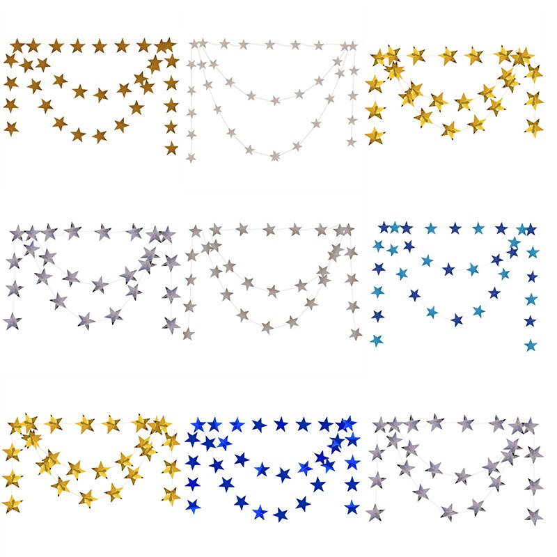3.8-4.2m Gold Silver Paper Star Garland Banner for Birthday Wedding Decor Glitter Paper Hanging Ramadan Decoration
