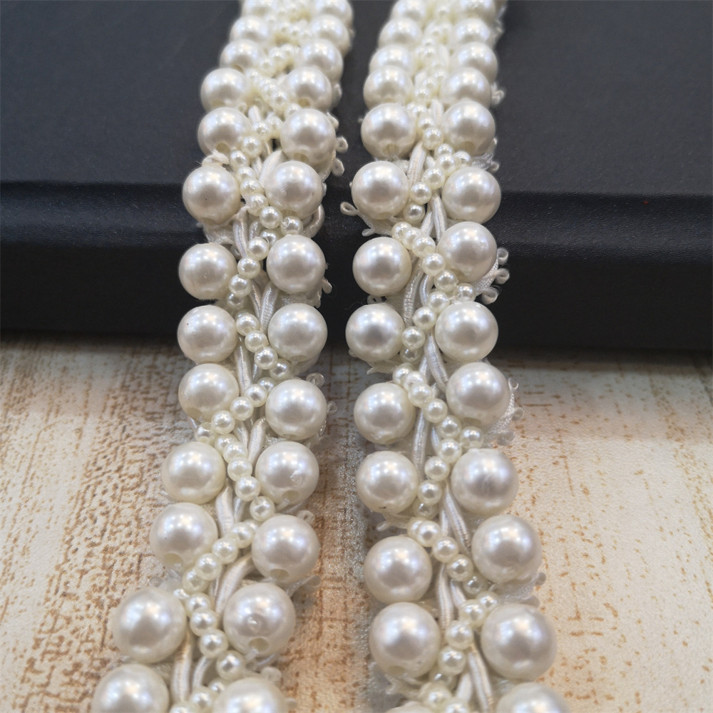 45cm Pearl White Beads Lace Ribbon Tape Braid Lace Trim Embroidered Collar Decoration Cotton Lace Fabric Net Cord For Sewing