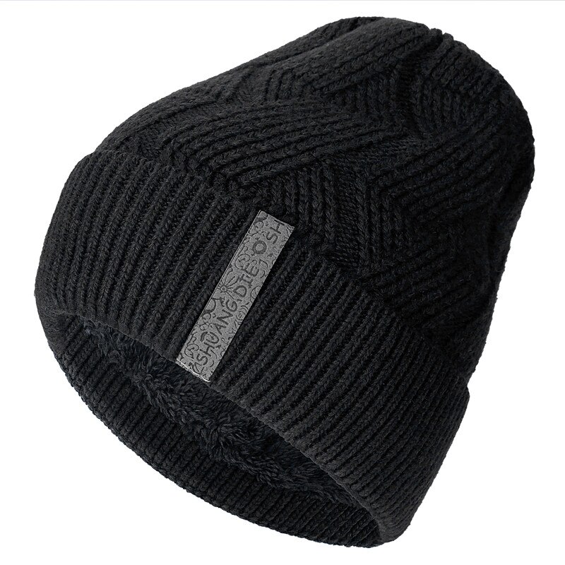 Vinterhuer til mænd twist varm skibeanie uld og bomuldsblanding afslappet strikhue: Sort