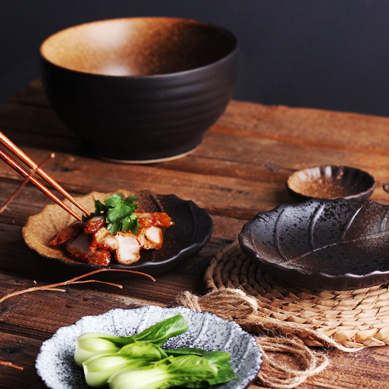 Japanese Retro Ceramic Dinner Plates Tableware Round Leaf Tray Fruit Salad Dishes Home Restaurant Kitchen Dinnerware