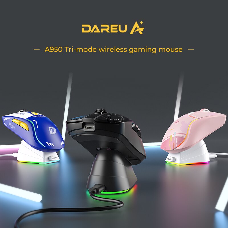 DAREU PC Gaming Muis Tri-mode Connect Bluetooth Bedraad 2.4G Draadloze Muizen met Oplaadstation KBS Knoppen Muis voor Laptop Gamer
