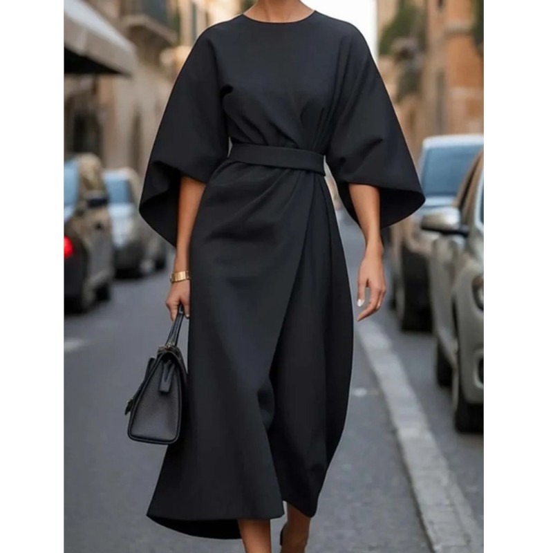 Oansatz Sieben-viertel Hülse Taille Jahrgang Kleid Für Frauen Elegante Einfarbig Temperament Fledermaus Hülse lässig Kleid weibliche
