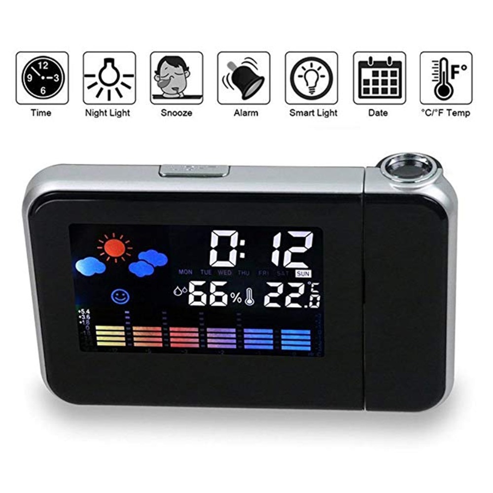Digital LCD Projection LED Display Alarm Clock Weather Snooze Function Temperature Thermometer Humidity Table Clock Decor