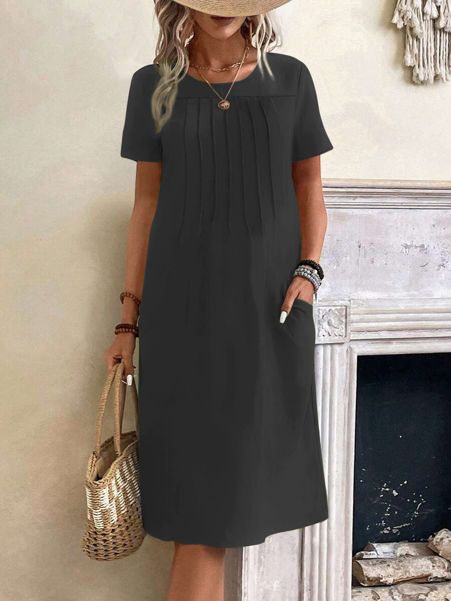 Women Short Sleeved Urban Casual Beach Dress Camisole Style Loose Waist Vacation Solid Office Lady Basic Short Dresses