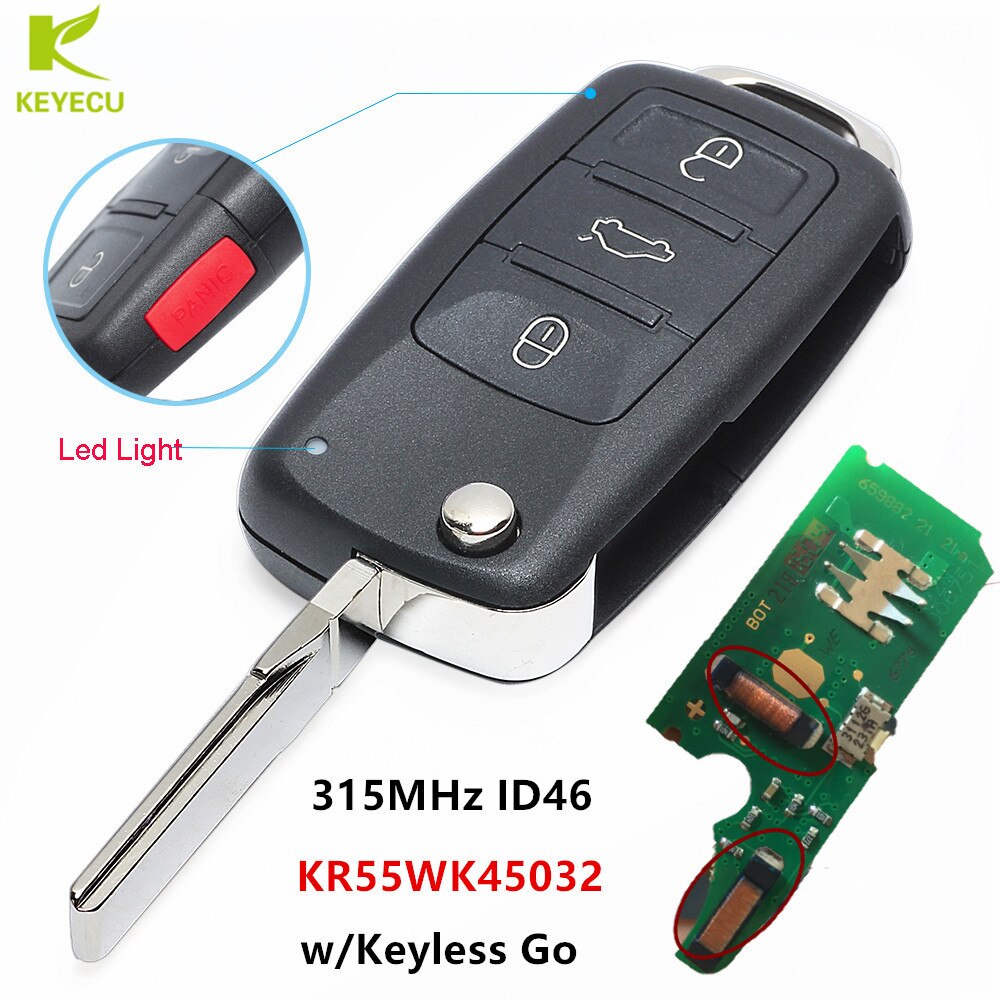 Keyecu Vervanging Keyless Go Flip Afstandsbediening Autosleutel Fob 315 Mhz ID46 Voor Volkswagen Touareg 2004 KR55WK45032