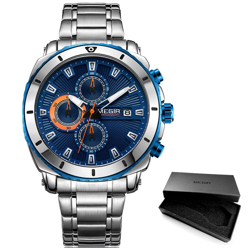 Megir Horloges Mannen Luxe Mesh Band Bedrijf Quartz Horloge Voor Man Top Waterdichte Leger Sport Pols Horloges Blauw gezicht: MS2075G-Blue