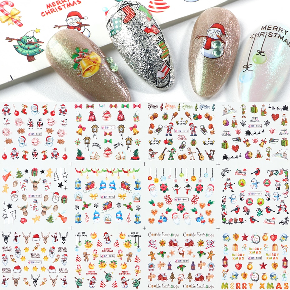 12pcs Kerst Water Transfer Sliders Elanden Sneeuwpop Nail Art Stickers Kerstman Deer Decals Manicure Wraps Folies Tool SABN /A-1