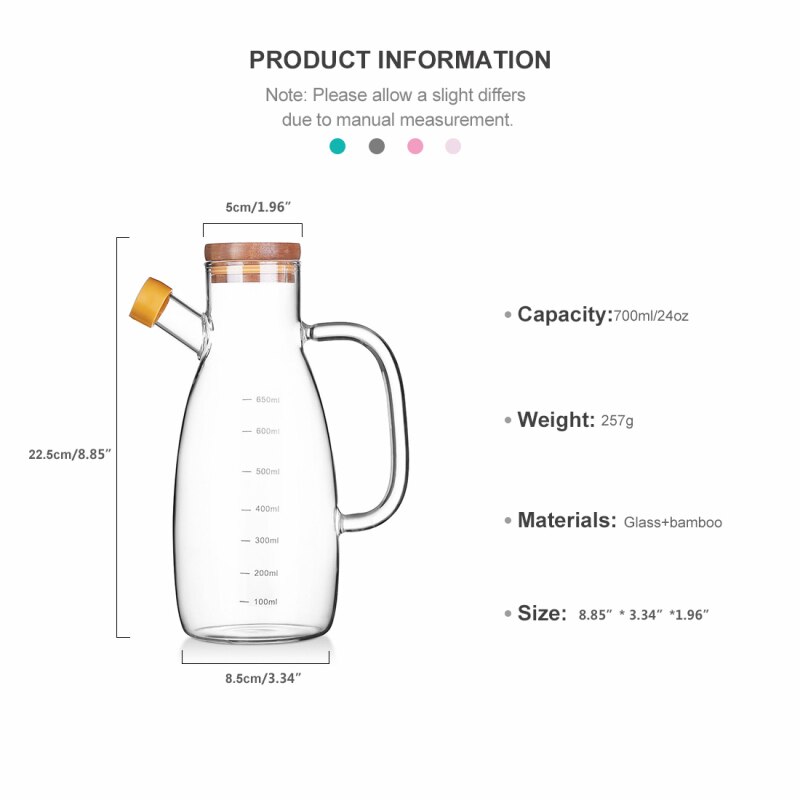 Bouteille d'huile en verre Transparent avec poignée | Échelle résistante à la chaleur à haute Borosilicate fournitures de cuisine, Sauce de soja, vinaigre
