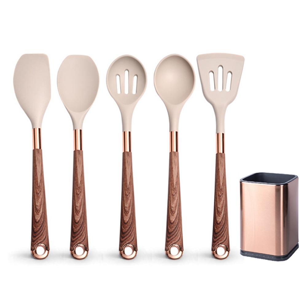 Silicone Cooking Utensils Set Heat Resistant Kitchen Spatula Spoon Non-Stick Tools With Rose Gold-Plated Handle And Holder: Ivory