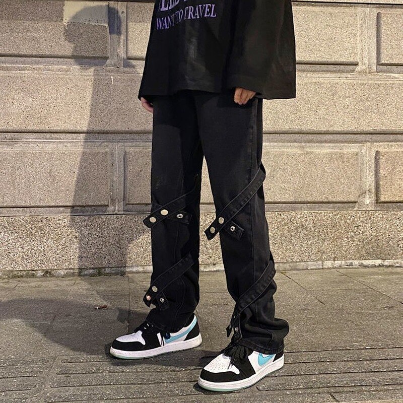 HOUZHOU – Jean gothique pour homme, pantalon en Denim, style Punk, noir, Hip Hop, Streetwear, avec rubans japonais