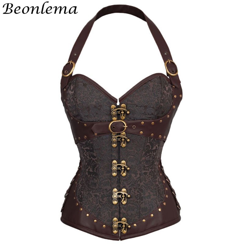 Beonlema Steampunk Korsett rot gotisch Kleidung sexy Bustiers Braun Jahrgang Weiblichen Mieder Overbust Spitzen Korsage Partei Kostüm: Braun / M