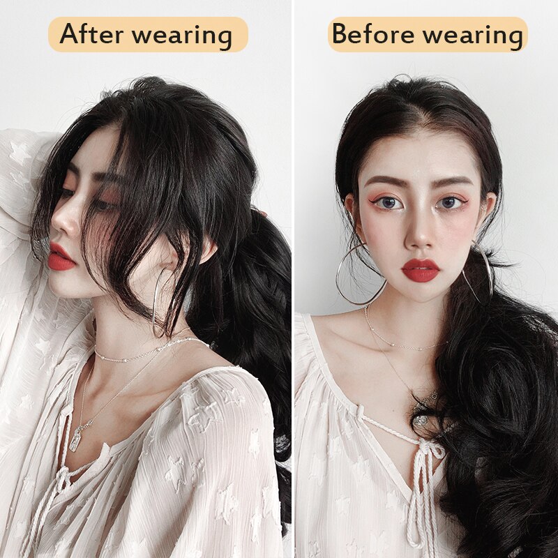 Lvhan grampo de cabelo sintético parte do meio franja preto em linha reta cabelo pedaço de fibra de alta temperatura peruca franja clipe na extensão do cabelo