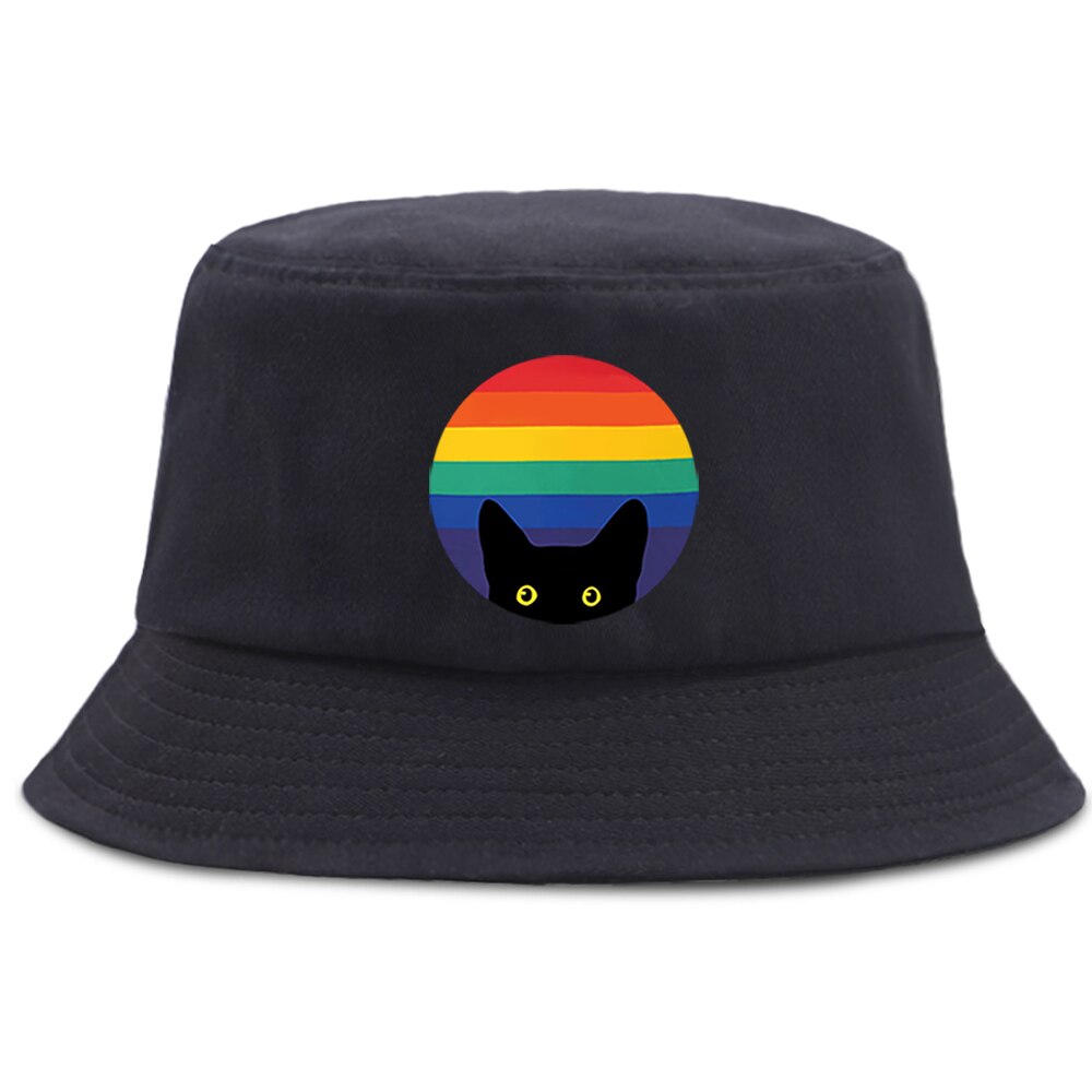 Bænk madafaks tegneserie kat panama kasketter afslappet udendørs fiskerhue unisex sommer fiskekat solcreme strand spand hatte: Sort 6