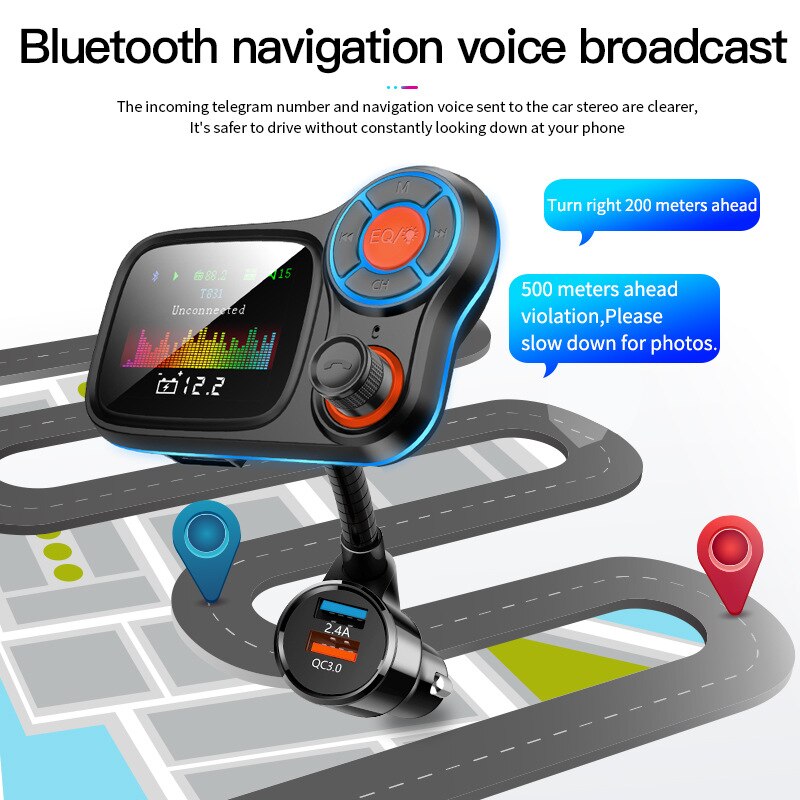 Transmisor FM con Bluetooth inalámbrico para coche, adaptador de Radio de coche inalámbrico con pantalla a Color con carga QC3.0 y 2.4A