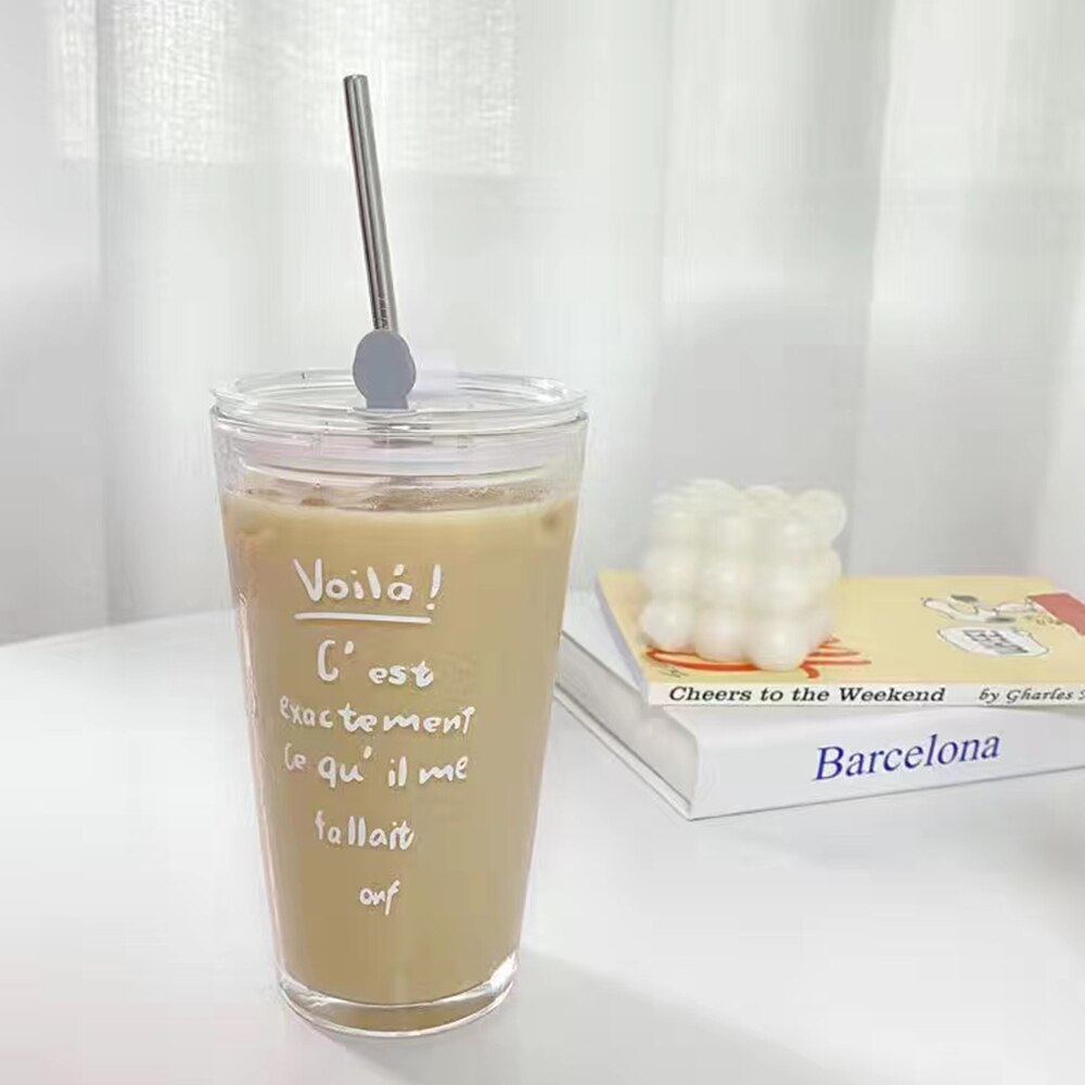 Glas kopp retro fransk stor kapacitet retro flicka brev kaffe glas kopp med lock halm vatten kopp dubbelbottnad kaffe temugg: Ett rostfritt stål