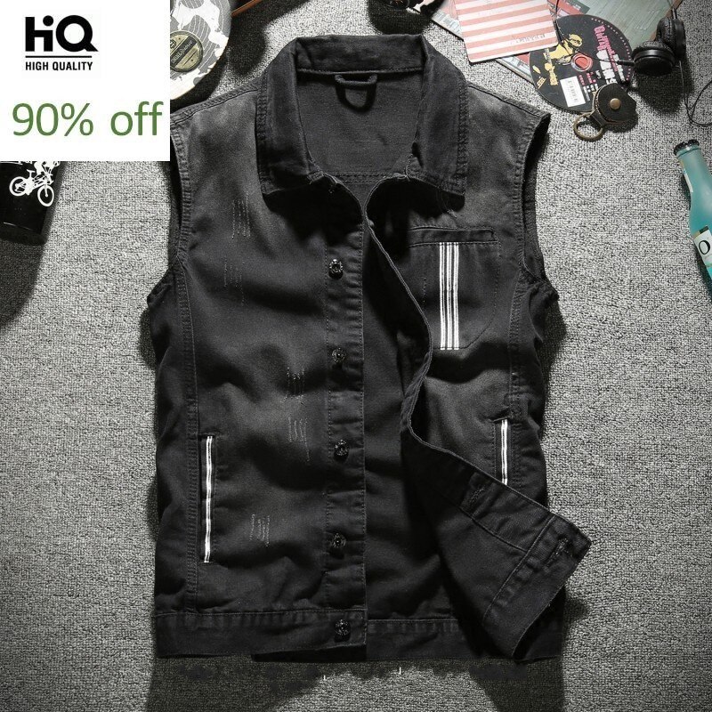 Chalecos vaqueros coreanos delgados Vintage sin mangas de un solo pecho con cuello vuelto de para hombre chalecos de mezclilla de talla grande